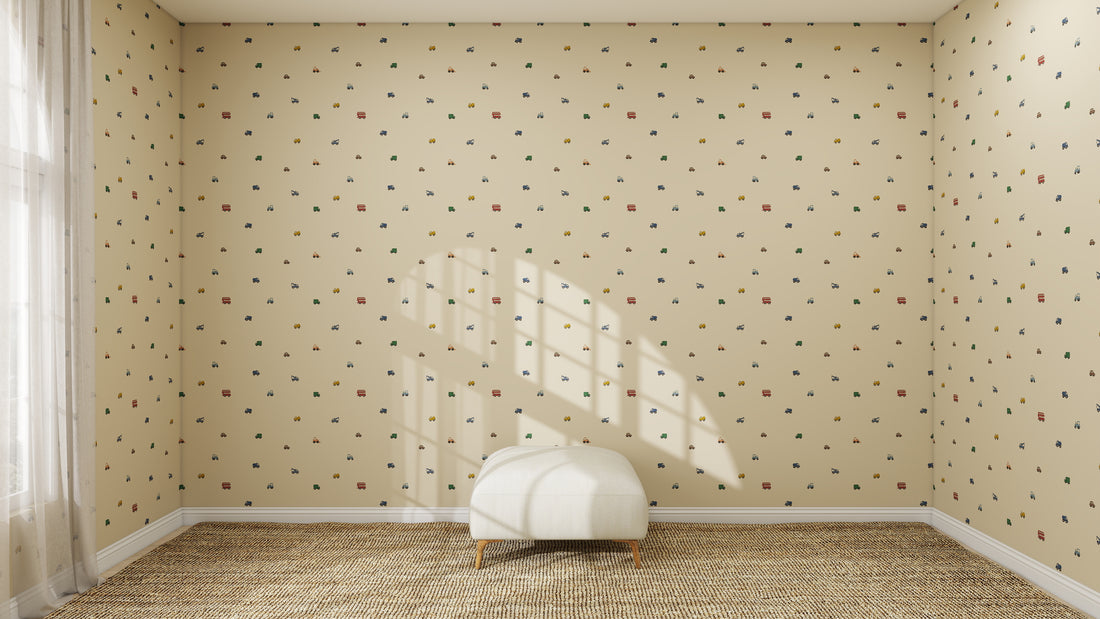 A minimal, empty room features Transport Trail Wallpaper Beige, a woven brown carpet, a single white upholstered chair, and sunlight streaming through the window casting shadows on the wall.
