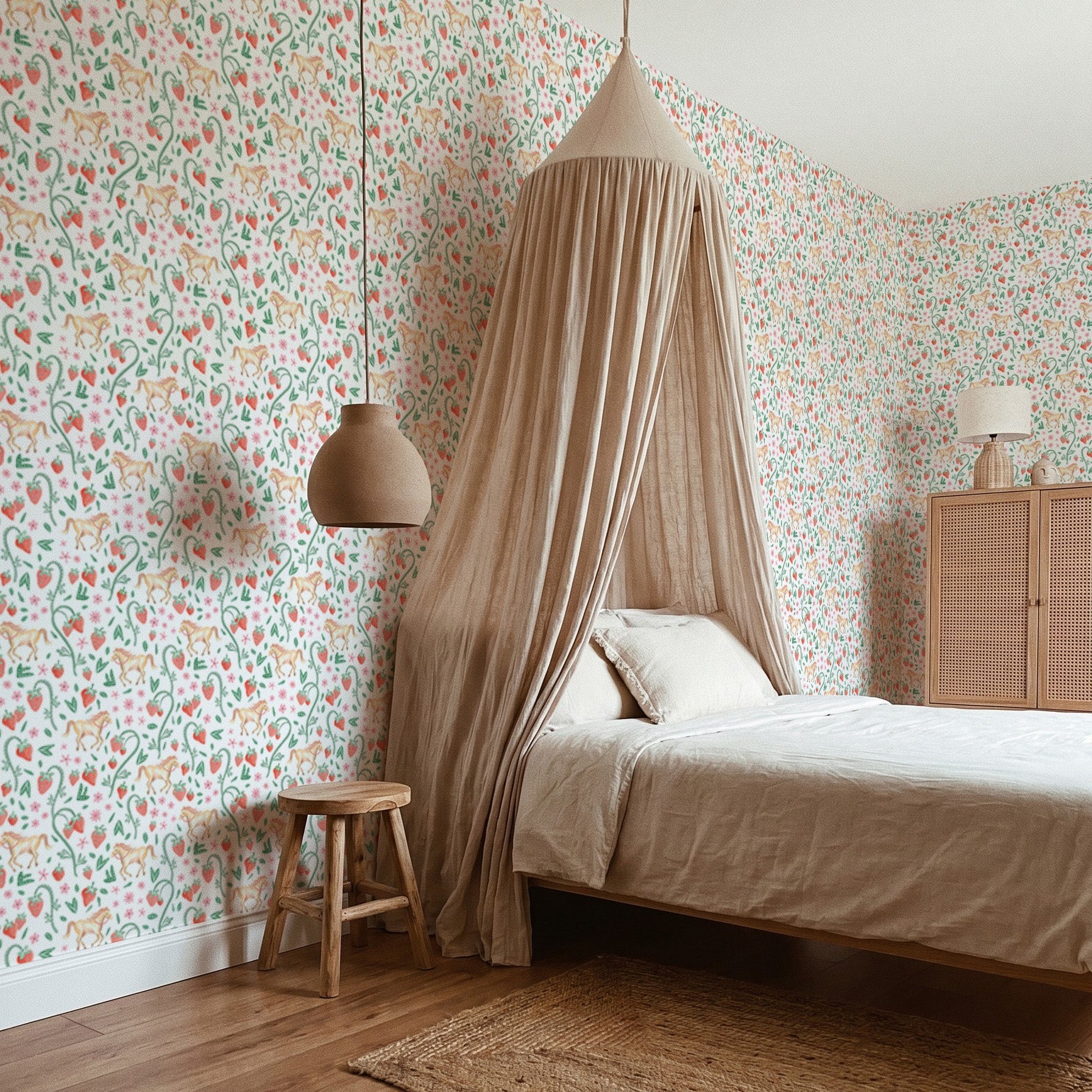 Bedroom with floral wallpaper, wooden floor, and canopy bed.