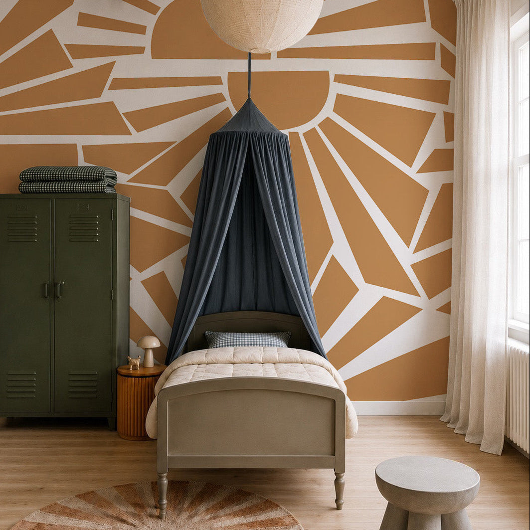 A cozy bedroom featuring a single bed under a dark canopy, green locker, round paper lantern, Sunbeams Mural as wall decor behind the bed, beige curtains, circular rug, and a small gray table with stool.