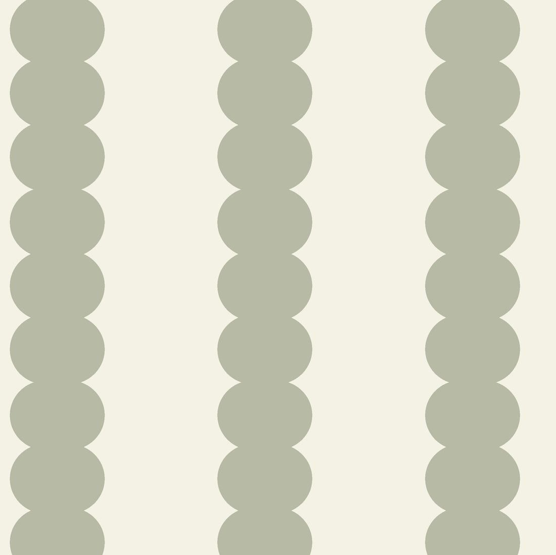 The Scallop Stripe Wallpaper, Green features overlapping sage-green circles in vertical columns on a light beige background, creating a stylish scallop stripe—ideal for nursery wallpaper or green nursery decor.