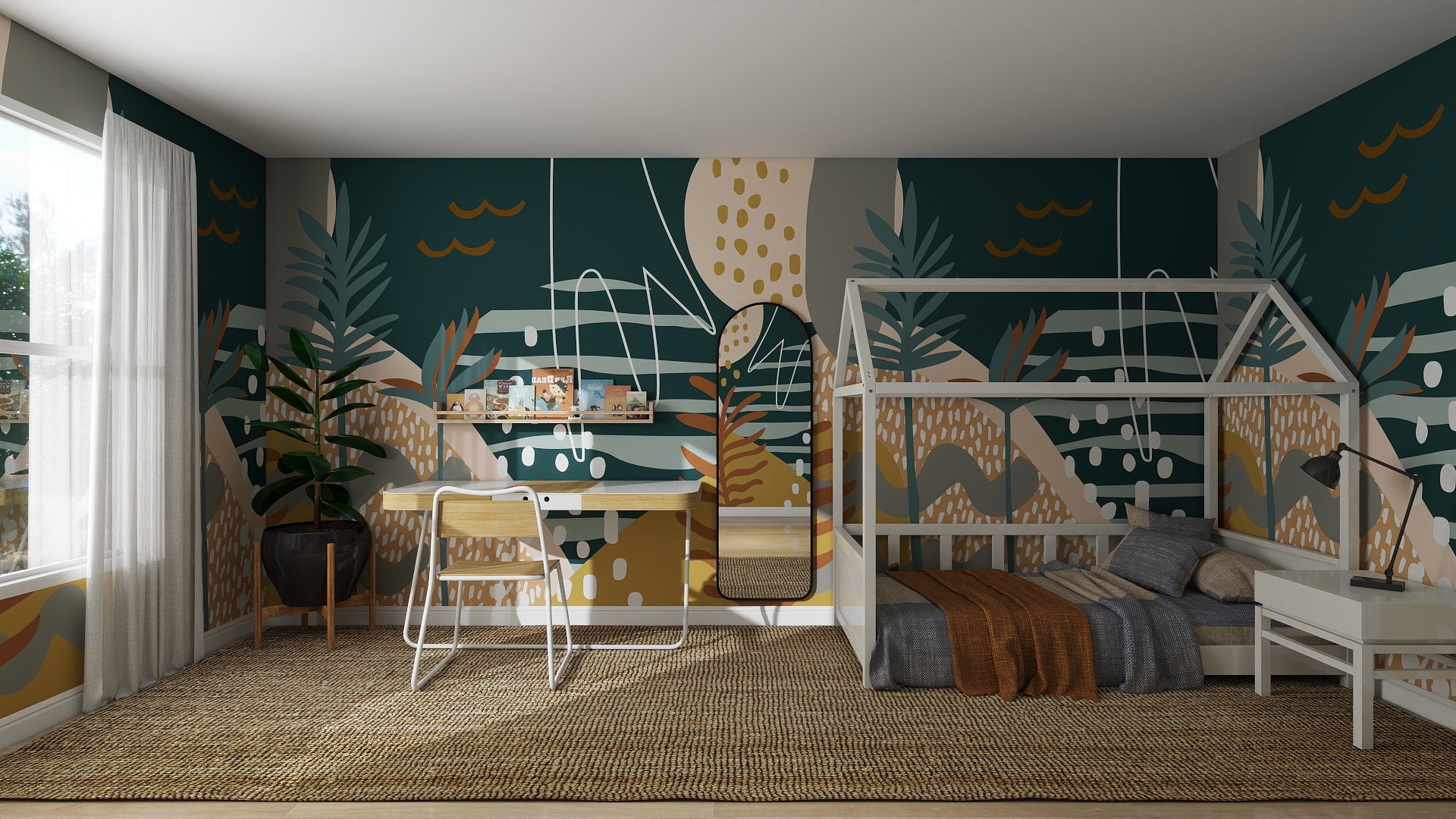 A modern kids’ bedroom features a house-shaped bed, small desk with chair, large plant, and vibrant decor highlighted by The Scene Abstract Wallpaper Mural. Natural light pours in through a window with sheer white curtains.