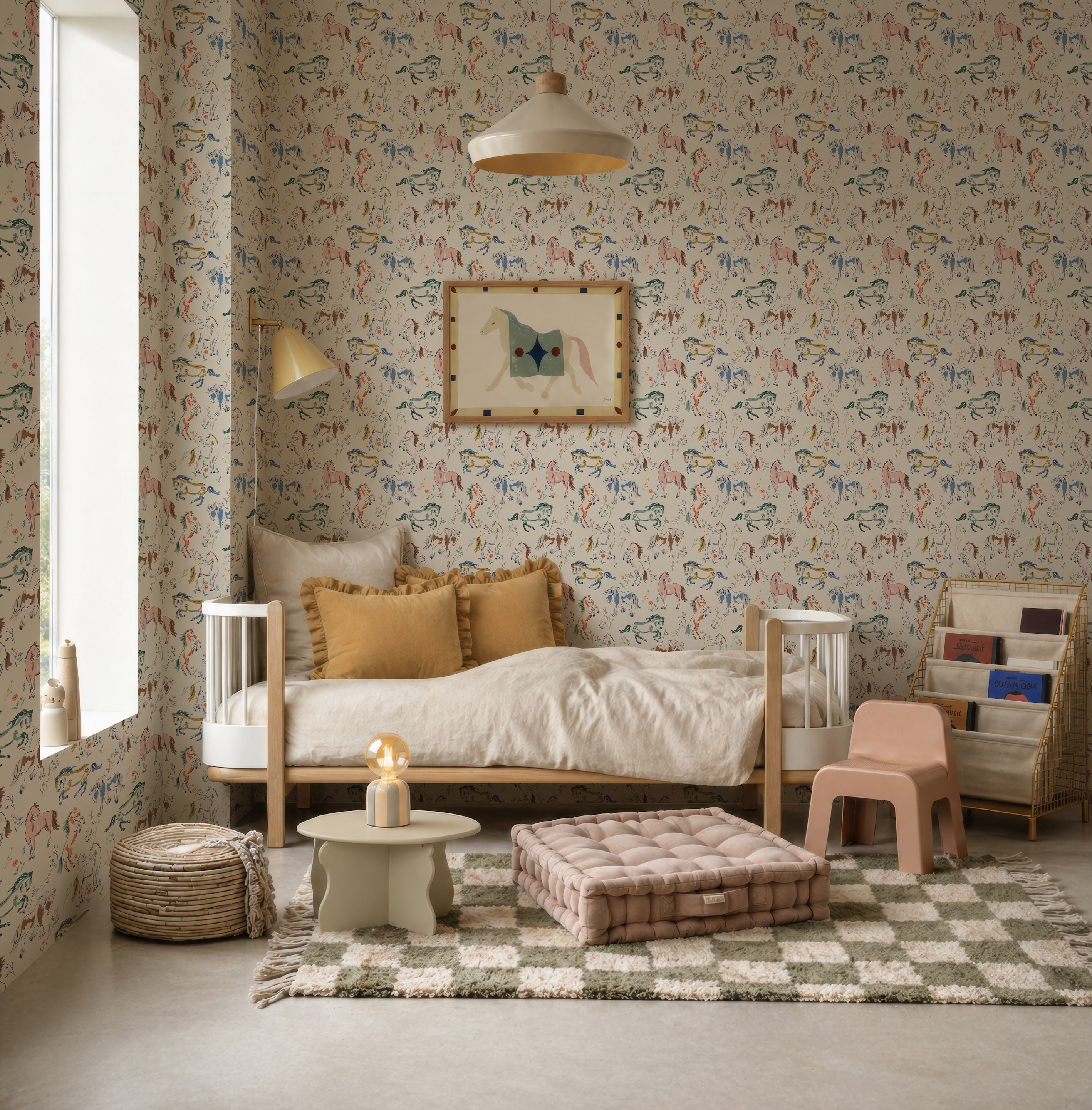 A cozy, neutral-toned children’s room featuring the charming Wild At Heart Wallpaper adorned with hand-drawn animal motifs, a small bed with cushions, a low table topped by a lamp, a tufted floor cushion, shelves lined with books, and soft lighting.
