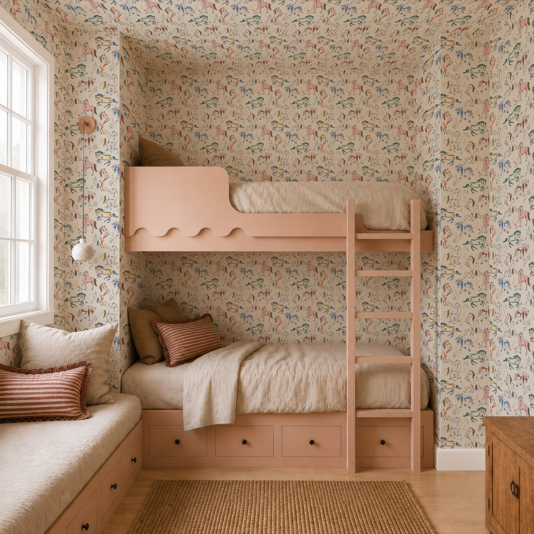Cozy bedroom with peach bunk beds, beige bedding, built-in drawers, and a window seat. The walls and ceiling feature Wild At Heart Wallpaper adorned with whimsical hand-drawn animal prints. A woven rug and wooden dresser complete the warm, inviting space.