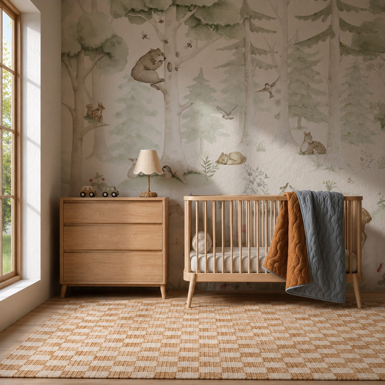 A cozy nursery features a wooden crib with a quilt draped over the side, a dresser topped with a lamp and toy car, and an enchanting Woodland Friends Mural on the wall. Sunlight streams through a large window onto a woven rug.