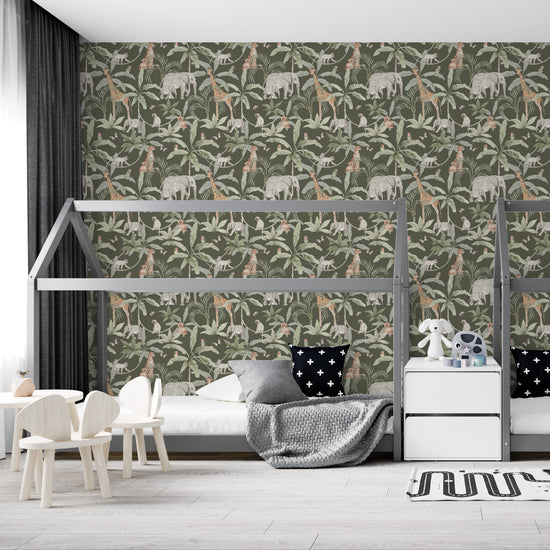 African Safari Wallpaper Repeat Pattern | Green - Munks and Me Wallpaper