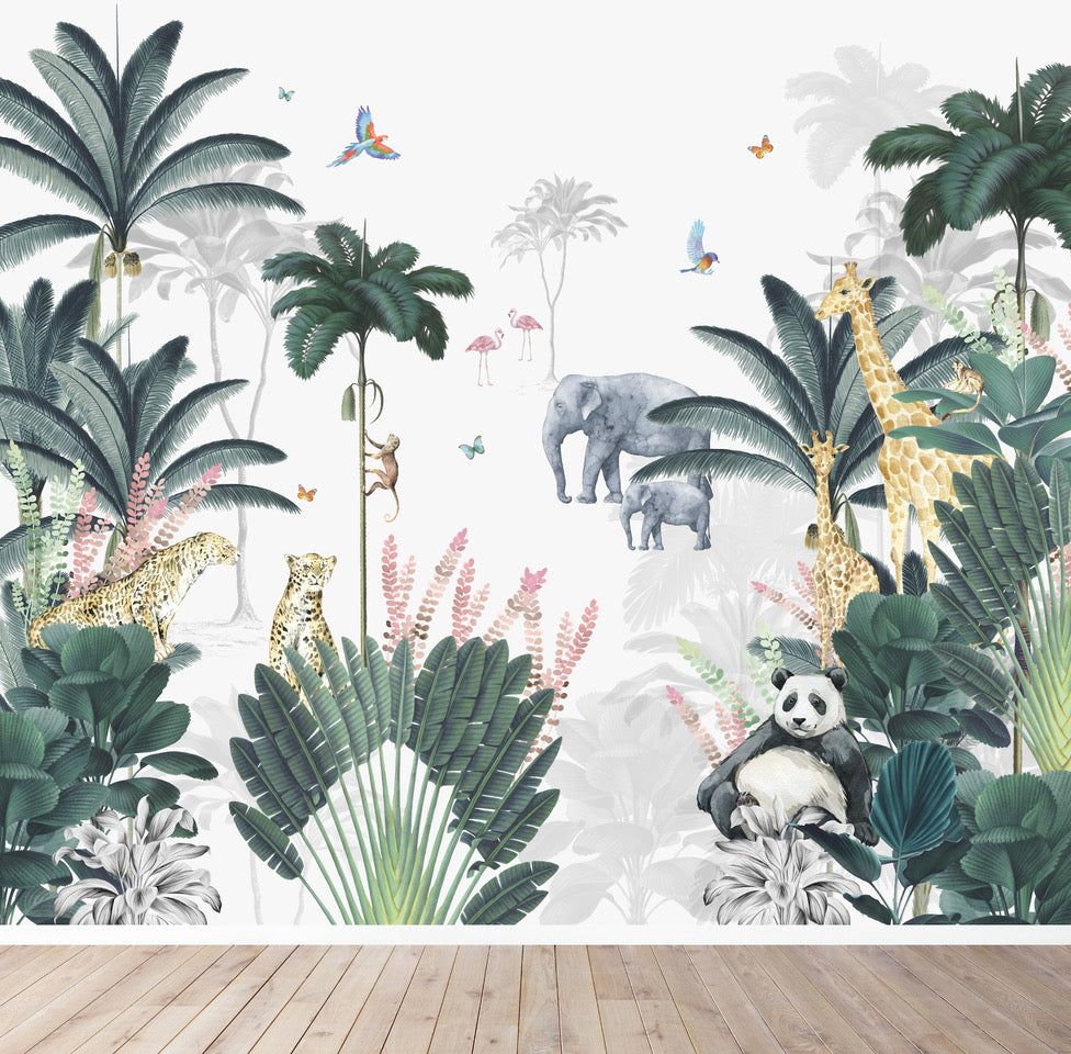 Leopard and Friends with Panda Jungle Wallpaper Mural - Munks and Me Wallpaper