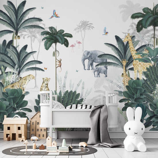Leopard and Friends Jungle Wallpaper Mural | Blue - Munks and Me Wallpaper
