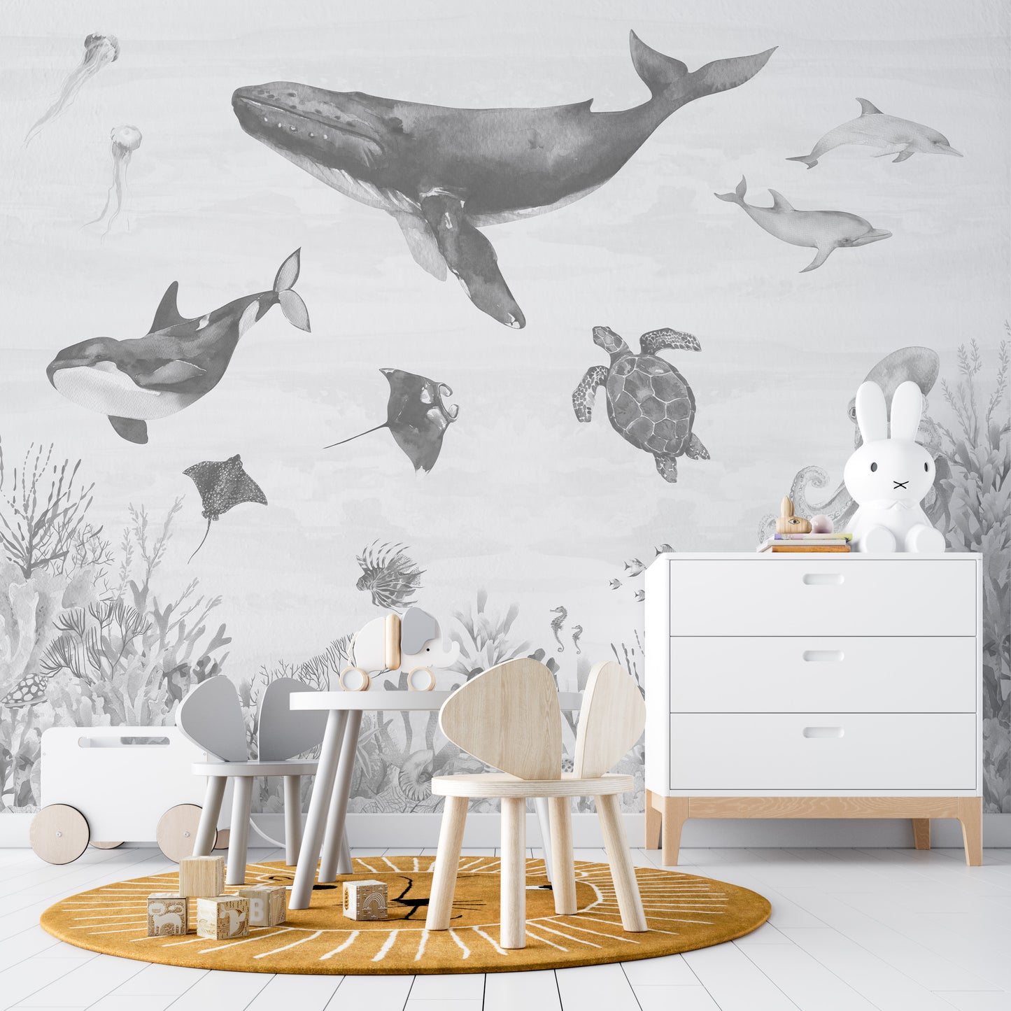 Ocean Magic Wallpaper Mural | Monochrome - Munks and Me Wallpaper