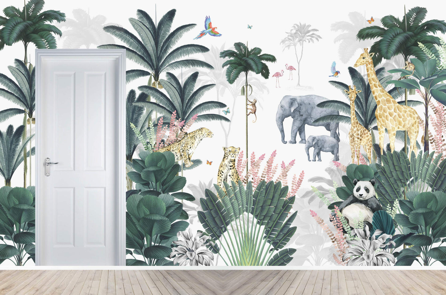 Load image into Gallery viewer, Custom Leopard and Friends with Panda Wallpaper Mural | H234CM X W393CM - Munks and Me Wallpaper
