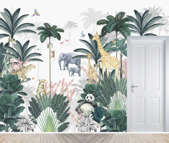 Custom Leopard and Friends with Panda Wallpaper Mural | H280CM X W357CM - Munks and Me Wallpaper