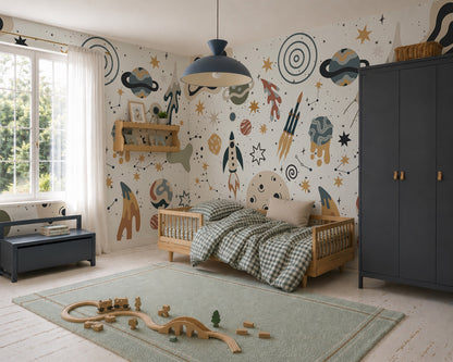 A children’s bedroom featuring the striking To The Moon Mural as a space-themed feature wall, a wooden bed with green checkered bedding, a dark wardrobe, a play rug with wooden toys, and a window letting in natural light.