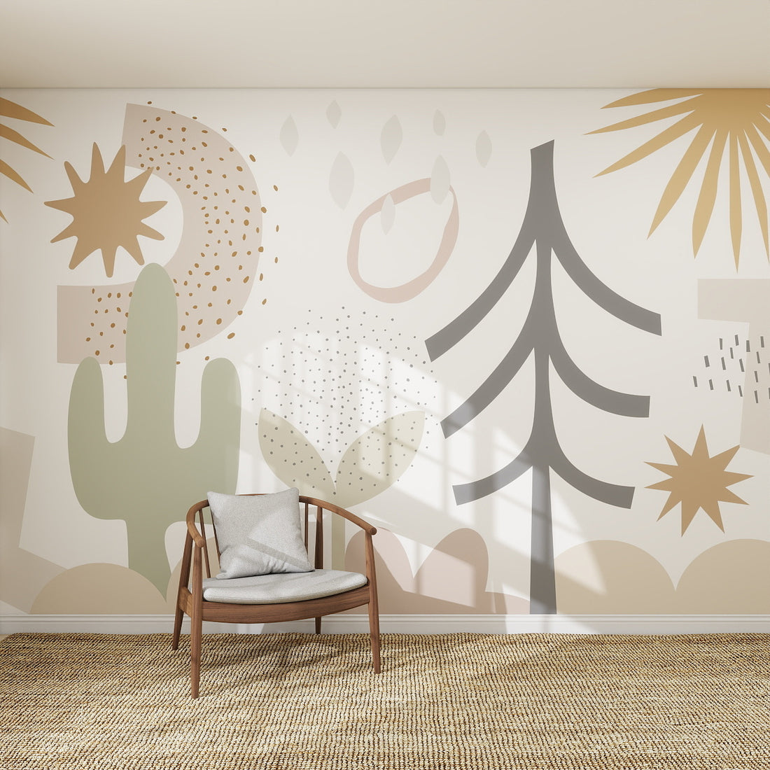 A modern room with a wooden chair and cushion is set against the Audrey Abstract Wallpaper Mural, featuring nature-inspired shapes in muted earth tones—cactus, tree, stars, and leaves—ideal for stylish kids’ room wallpaper ideas. A textured rug completes the look.