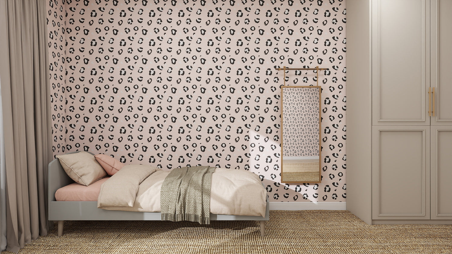 A stylish bedroom with a single bed, light bedding, and a textured throw blanket. The wall features Leopard Print Wallpaper Repeat Pattern | Pink, quirky design, a hanging woven piece, and a wardrobe with beige doors on the right.