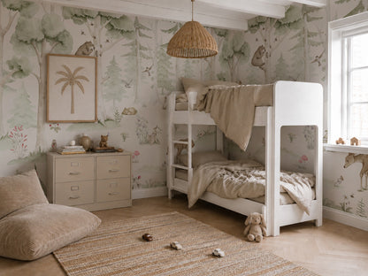 A cozy kids room featuring the Woodland Friends Mural with charming forest animals, a white bunk bed, a beige rug, a dresser, plush toys, and soft neutral bedding in calming, earthy tones.