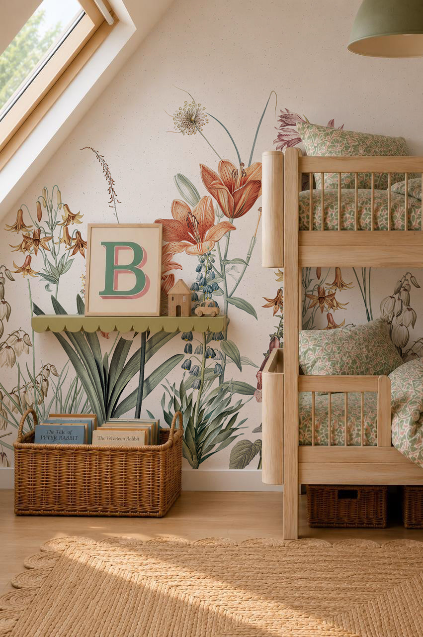 A children’s room with bunk beds, featuring the Quinns Flower Field Mural—a charming floral wallpaper mural reminiscent of a spring garden wall decor. The space also includes a wicker basket with books, a shelf displaying decorative items, and bedding adorned with a green floral pattern. Natural light streams in from a slanted window.