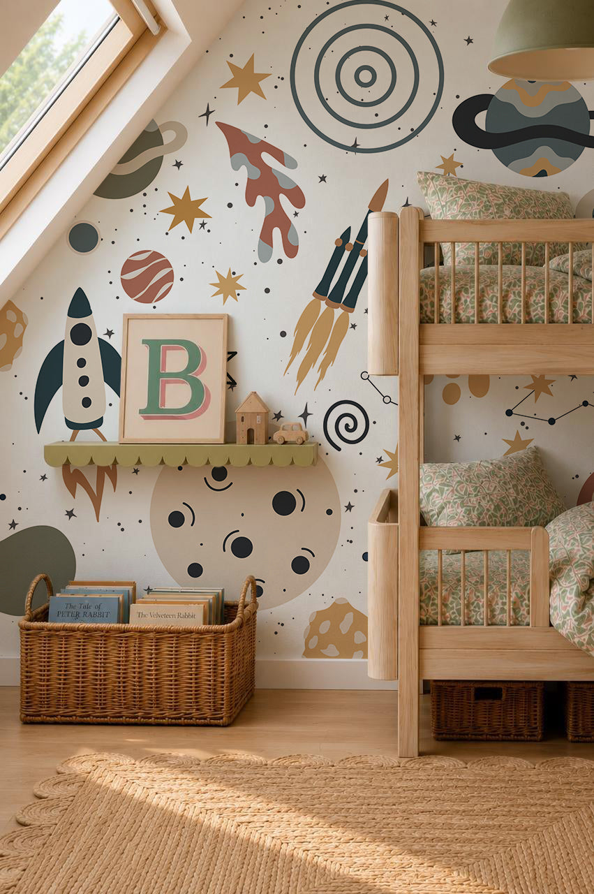 Children’s bedroom featuring wooden bunk beds and a feature wall decorated with the To The Moon Mural showcasing rockets and planets, space-themed wall art, a shelf filled with toys and books, and a woven basket on the floor. Sunlight streams in through a skylight window.