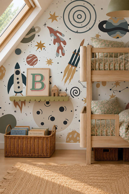 Children’s bedroom featuring wooden bunk beds and a feature wall decorated with the To The Moon Mural showcasing rockets and planets, space-themed wall art, a shelf filled with toys and books, and a woven basket on the floor. Sunlight streams in through a skylight window.