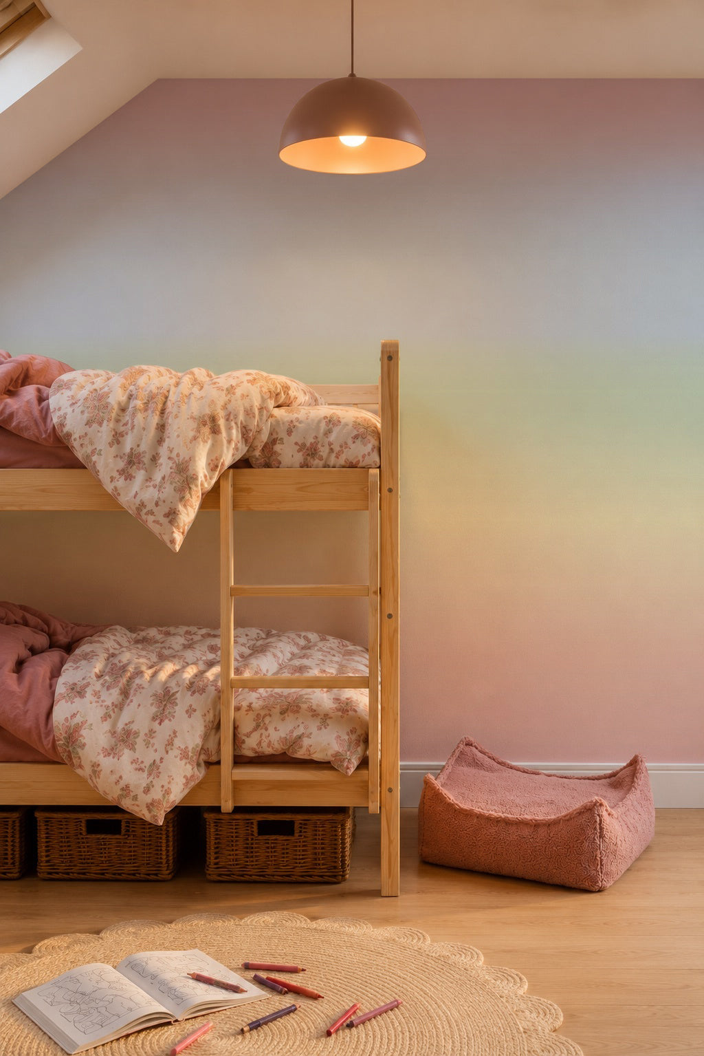 A cozy kids room featuring a wood bunk bed with floral bedding, the Ombre Mural, Rainbow wallpaper in pastel gradients on the wall, a pink pet bed, wicker baskets, and a round rug scattered with crayons and an open notebook. A warm pendant light hangs overhead.