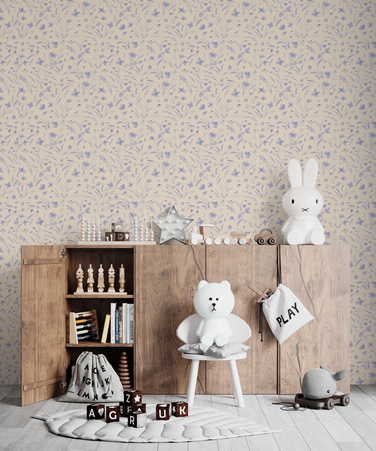 Butterfly Meadowland Wallpaper Repeat Pattern Cyan | Sample - Munks and Me Wallpaper