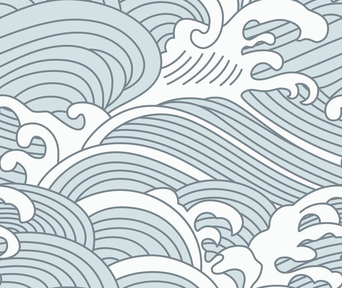 Making Waves Wallpaper | Blue features abstract ocean waves in blue tones, with curved lines and dynamic patterns that evoke movement—perfect as a beach wall mural inspired by traditional Japanese wave art.