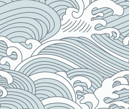 Making Waves Wallpaper | Blue features abstract ocean waves in blue tones, with curved lines and dynamic patterns that evoke movement—perfect as a beach wall mural inspired by traditional Japanese wave art.