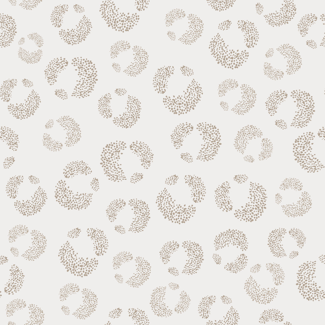 The Hallie Leopard Print Wallpaper features a modern, minimal beige dot pattern in circular shapes on white, evenly spaced for an abstract repeat design reminiscent of classic leopard print.