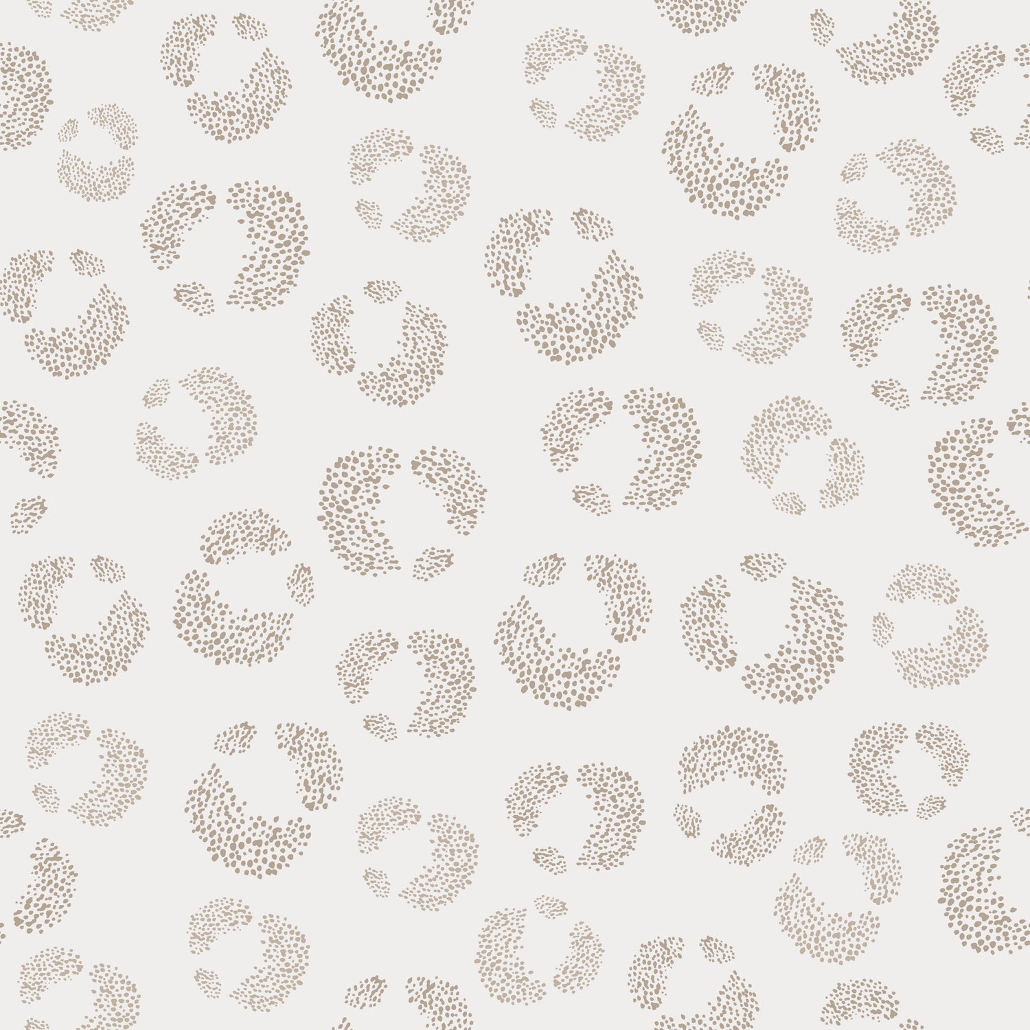 The Hallie Leopard Print Wallpaper features a modern, minimal beige dot pattern in circular shapes on white, evenly spaced for an abstract repeat design reminiscent of classic leopard print.