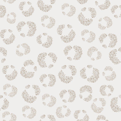 The Hallie Leopard Print Wallpaper features a modern, minimal beige dot pattern in circular shapes on white, evenly spaced for an abstract repeat design reminiscent of classic leopard print.