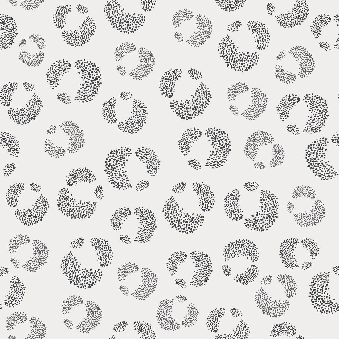 The Hallie Leopard Print Wallpaper Repeat Pattern in Charcoal features scattered black dots in circular clusters on a light gray background, offering an abstract, modern design ideal for adding whimsical style to your walls.