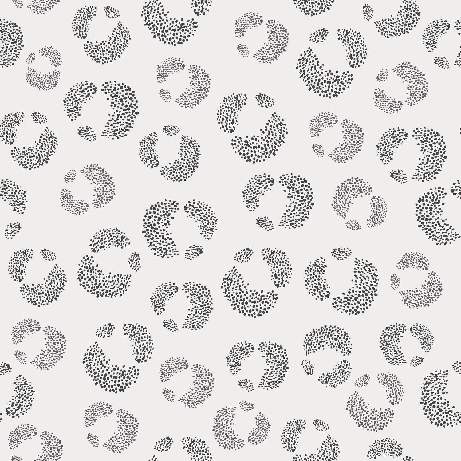 The Hallie Leopard Print Wallpaper Repeat Pattern in Charcoal features scattered black dots in circular clusters on a light gray background, offering an abstract, modern design ideal for adding whimsical style to your walls.