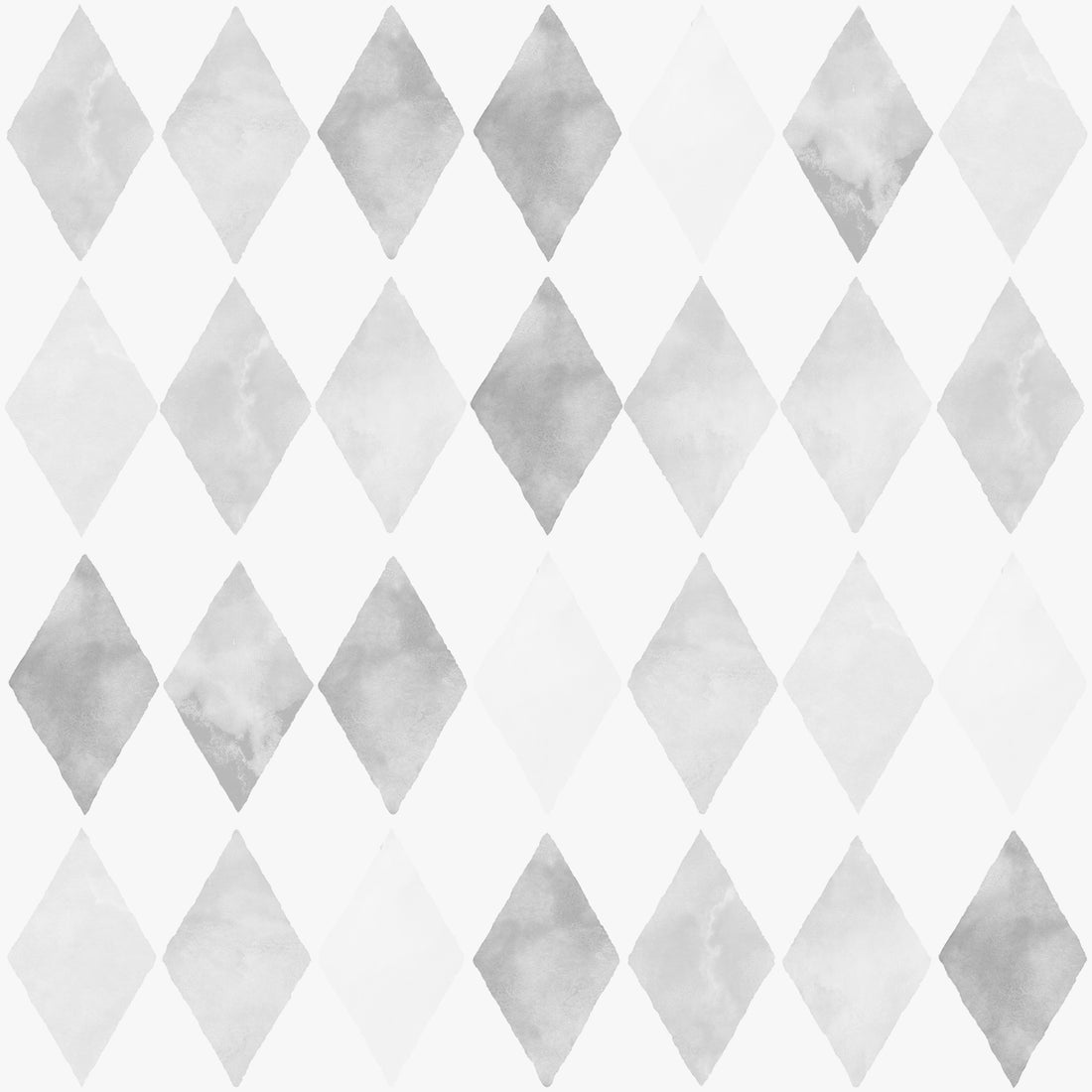 The Harlequin Watercolour Wallpaper Repeat Pattern | Grey features soft watercolor gray diamond shapes in a grid on white, creating an elegant geometric design with subtle shade variations.