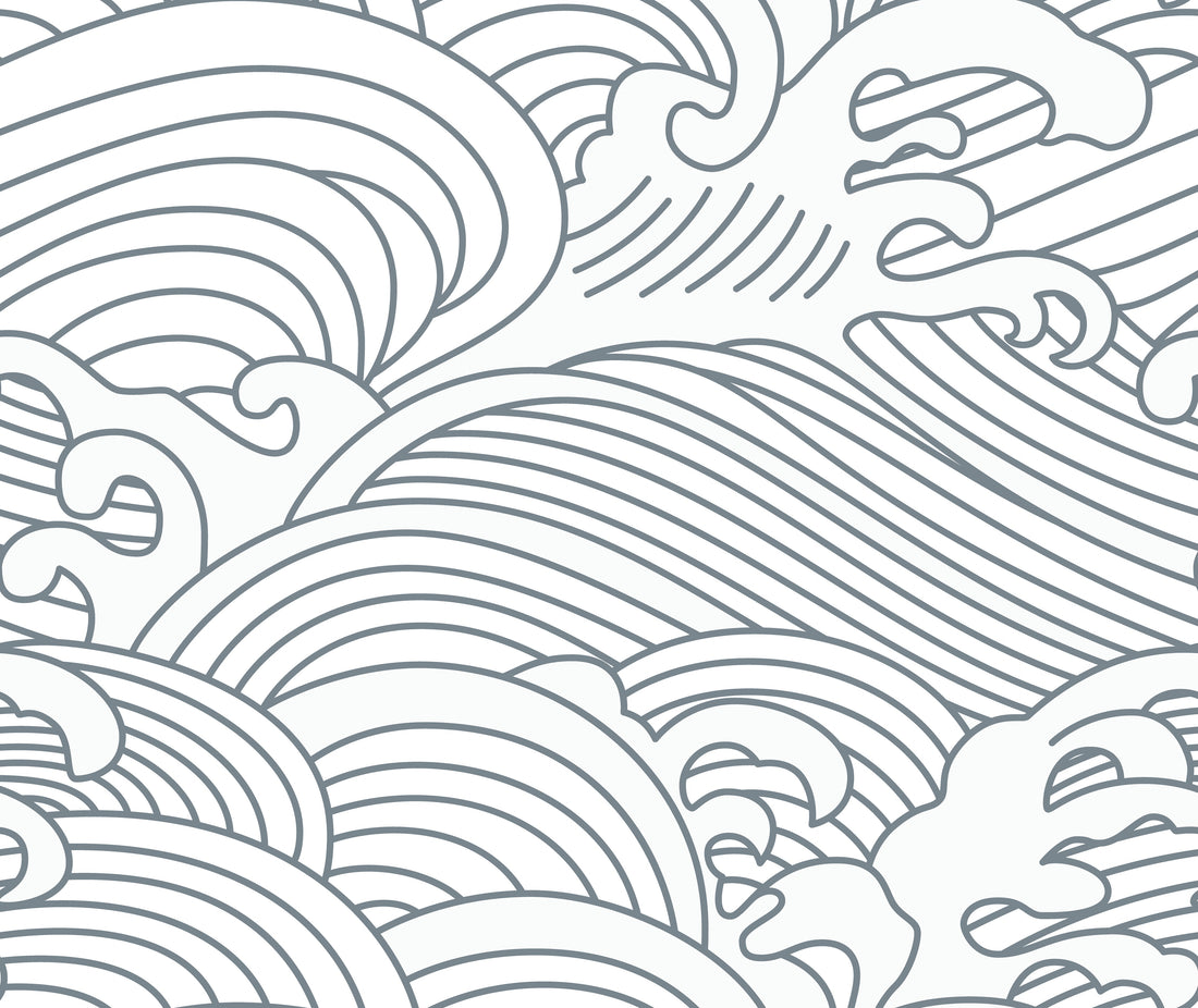 Line drawing of abstract ocean waves with swirling patterns and curved lines, creating a seamless black and white design—perfect as Making Waves Wallpaper for a stylish Scandi look or a unique Surfers Paradise mural.
