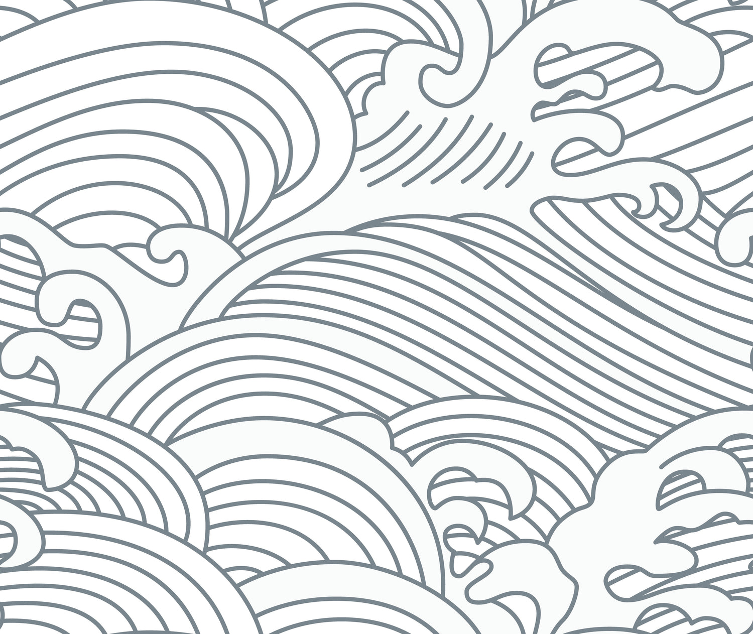 Line drawing of abstract ocean waves with swirling patterns and curved lines, creating a seamless black and white design—perfect as Making Waves Wallpaper for a stylish Scandi look or a unique Surfers Paradise mural.