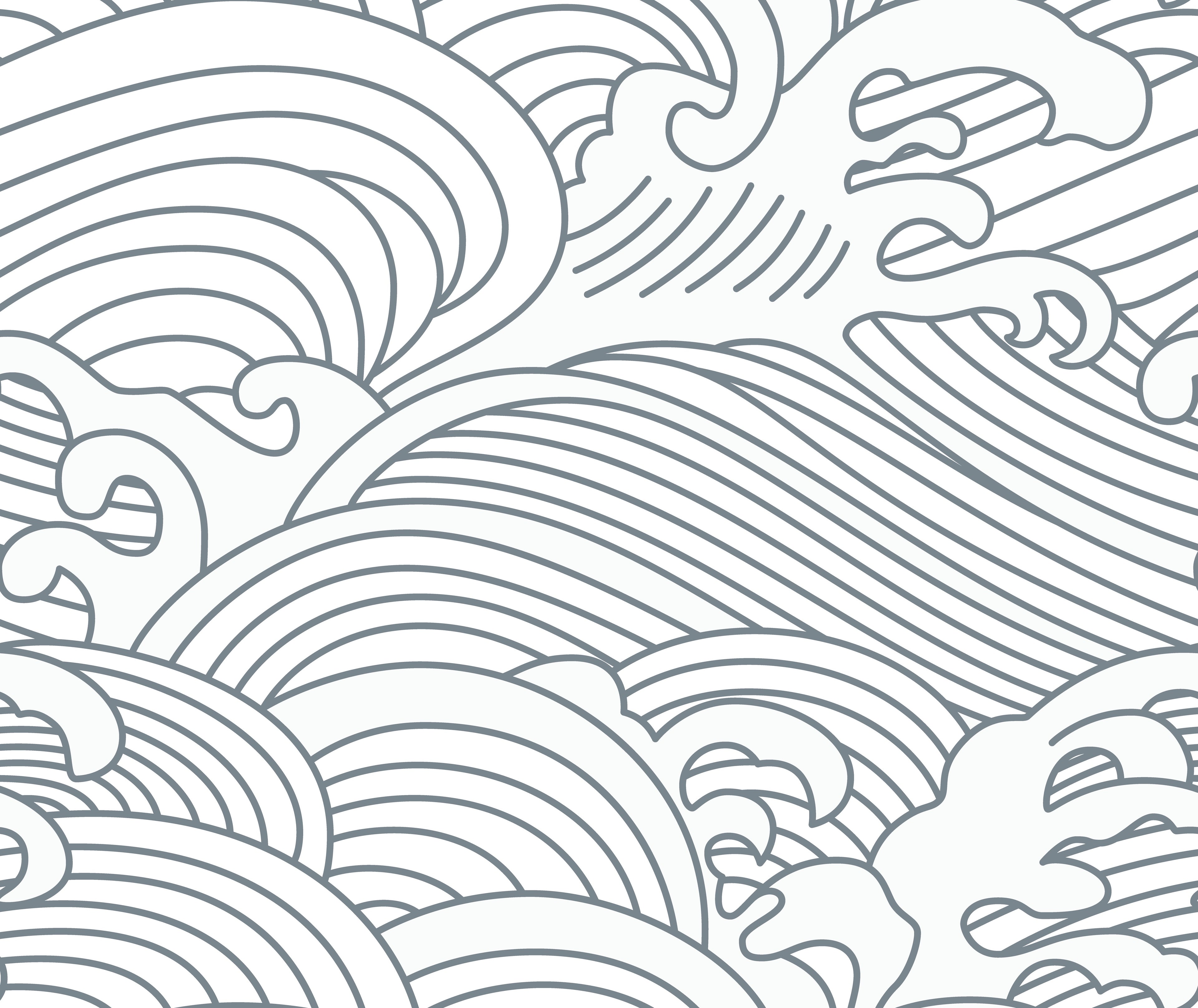 Line drawing of abstract ocean waves with swirling patterns and curved lines, creating a seamless black and white design—perfect as Making Waves Wallpaper for a stylish Scandi look or a unique Surfers Paradise mural.