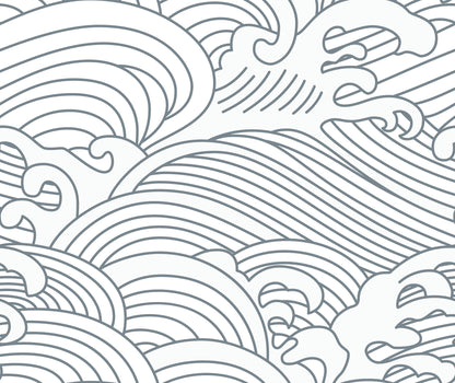 Line drawing of abstract ocean waves with swirling patterns and curved lines, creating a seamless black and white design—perfect as Making Waves Wallpaper for a stylish Scandi look or a unique Surfers Paradise mural.