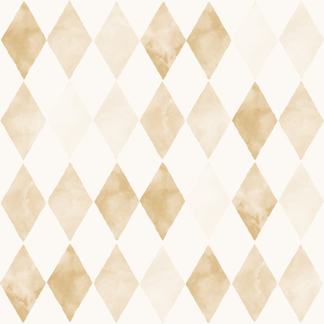 The Harlequin Watercolour Wallpaper Repeat Pattern in Mustard features watercolor diamond shapes in soft beige and light brown hues, arranged on a white background for a hand-painted, artistic look.