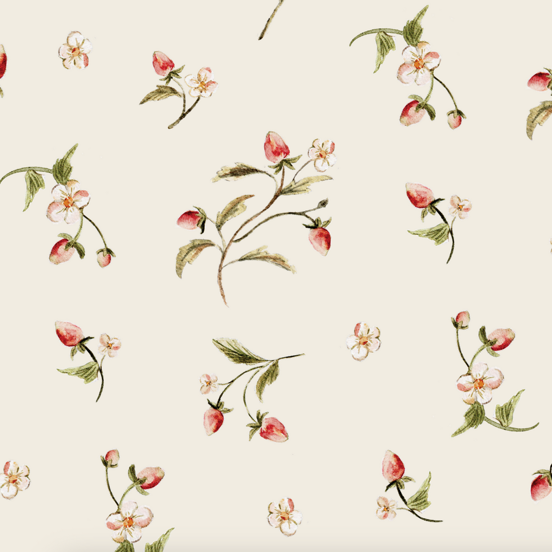 The Berry and Bramble Wallpaper Repeat Pattern features hand-drawn pink and white flowers with green leaves in a watercolor style, scattered on a light beige background—ideal for nursery wallpaper.
