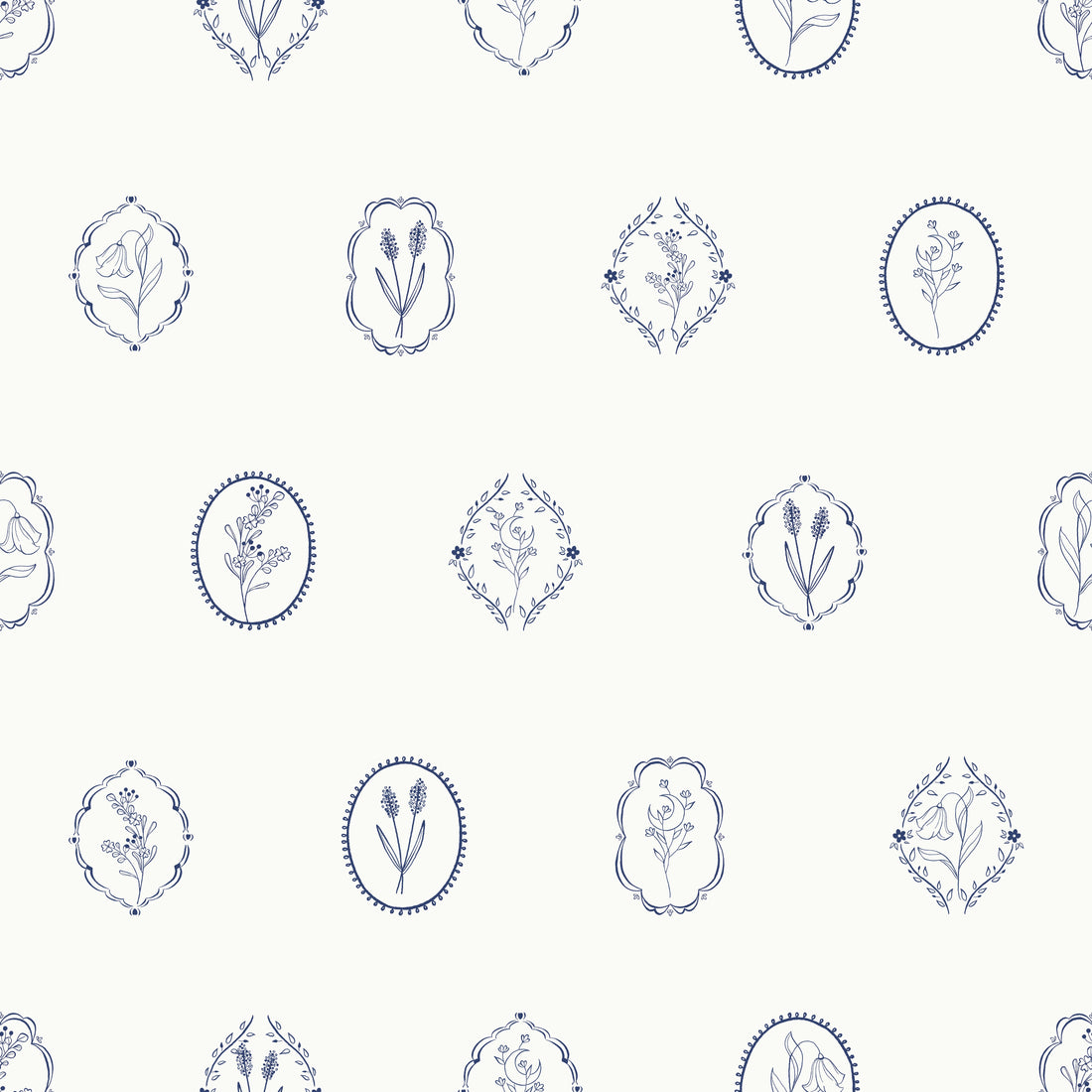 Botanic Emblem Wallpaper features a seamless pattern of delicate blue floral illustrations in oval and diamond frames, each showcasing a unique flower on a light background for an elegant, botanical look.