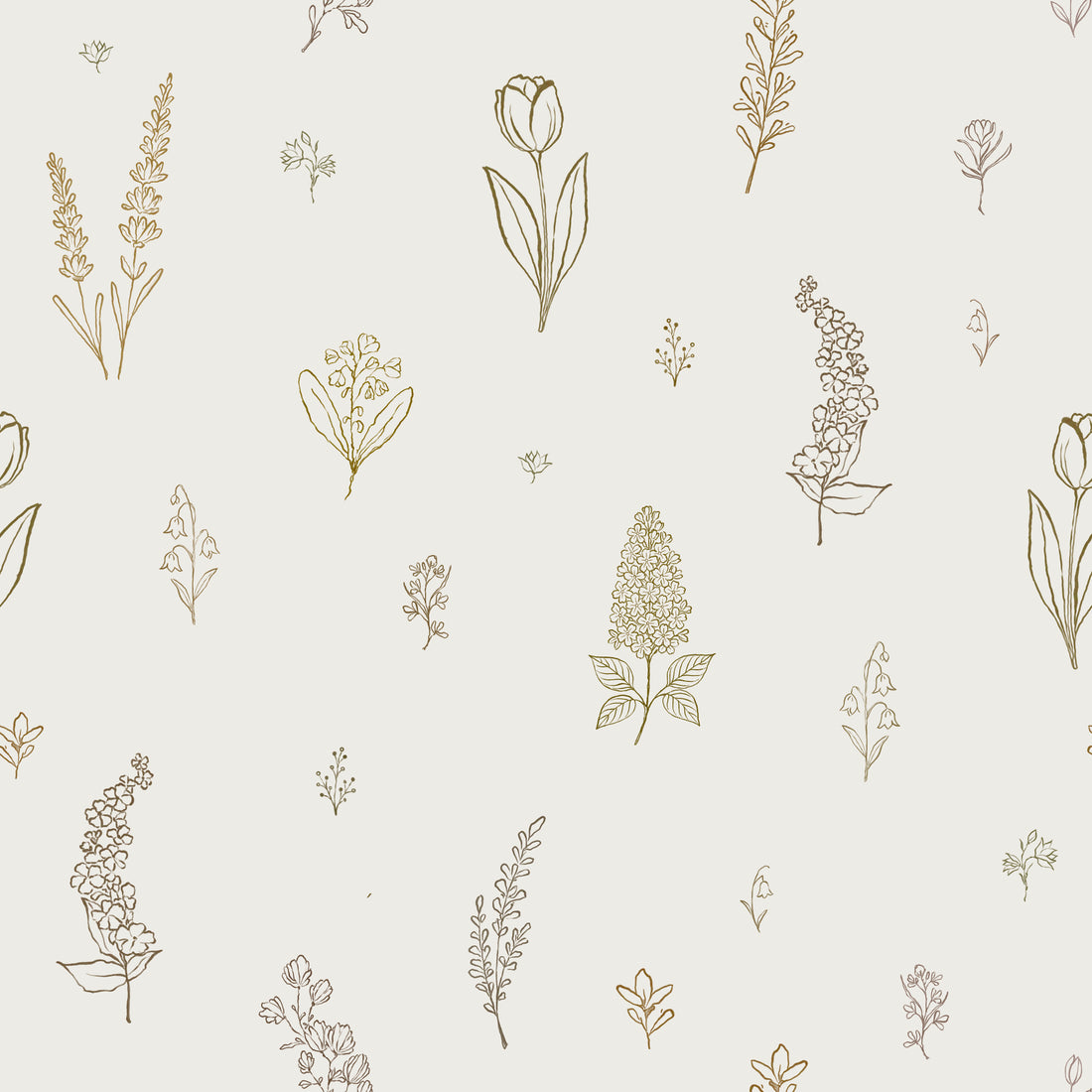 Delicate Meadows Wallpaper features hand-drawn botanical illustrations of flowers and leaves in muted earth tones on a light beige background for a seamless, nature-inspired look.