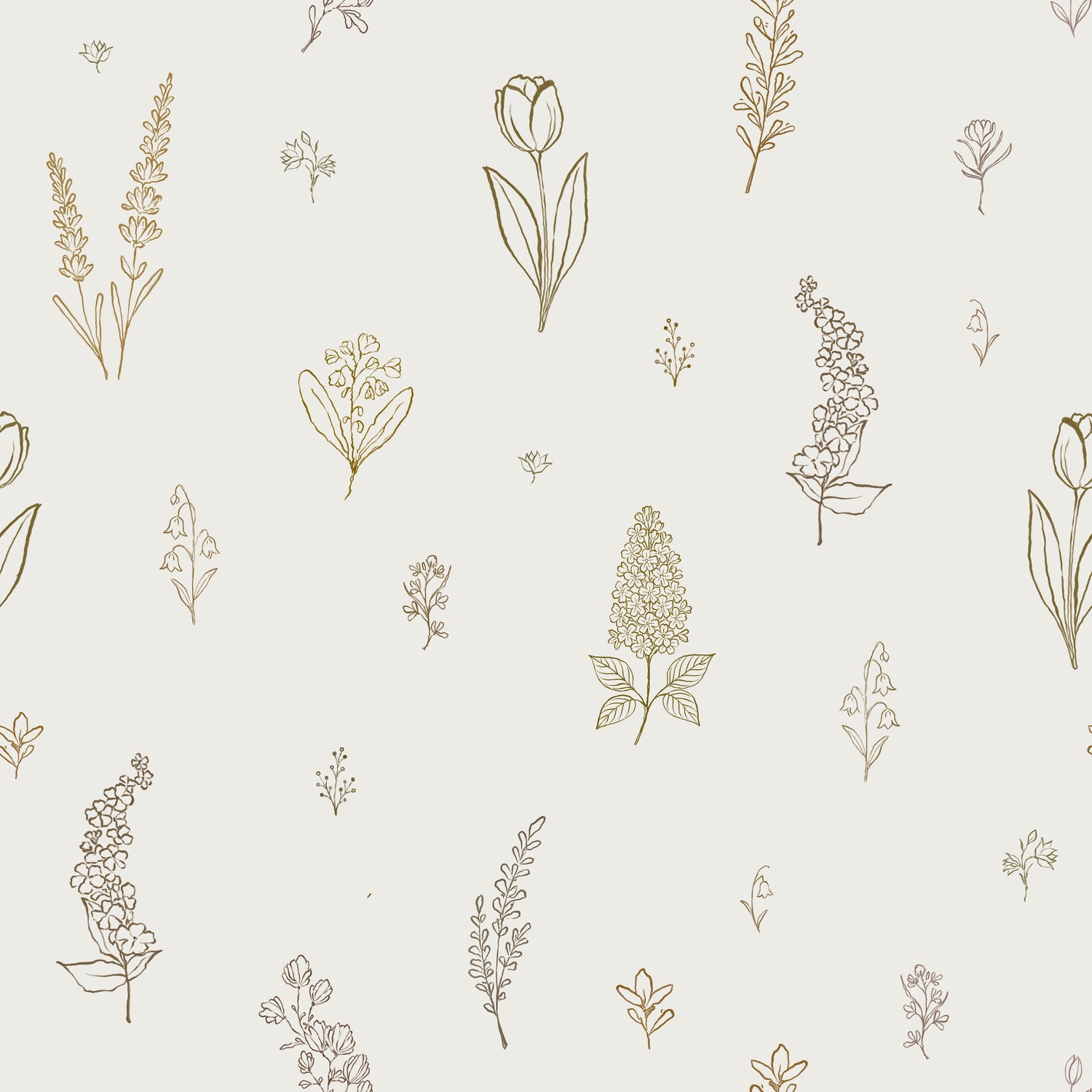 Delicate Meadows Wallpaper features hand-drawn botanical illustrations of flowers and leaves in muted earth tones on a light beige background for a seamless, nature-inspired look.