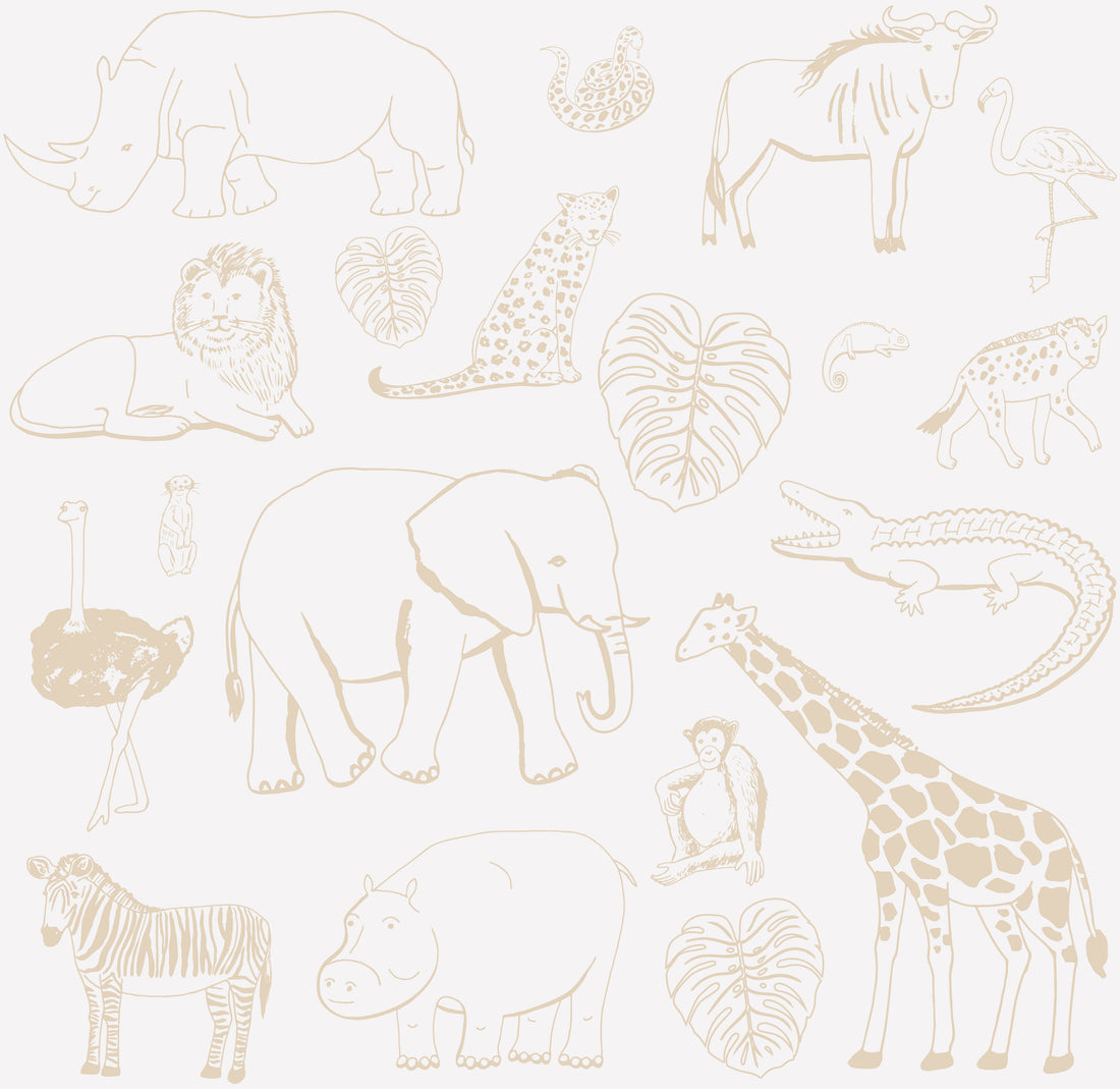 Custom Going on Safari Wallpaper Repeat Pattern | Beige on White showcases a variety of African animals—rhinoceros, lion, cheetah, zebra, elephant, giraffe, flamingo, ostrich, monkey, crocodile, hippopotamus, chameleon & wildebeest with leafy plants.