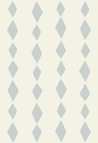 Jolly Jester Wallpaper Repeat Pattern | Blue features five vertical columns of evenly spaced light gray diamonds on an off-white background. The staggered, geometric design nods to classic blue harlequin styles, adding playful charm ideal for nurseries.