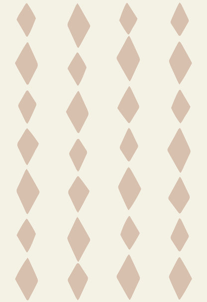 Jolly Jester Wallpaper Repeat Pattern | Pink features vertical rows of evenly spaced, tan diamonds on an off-white background. The harlequin design creates a playful effect with rows alternating in diamond size.