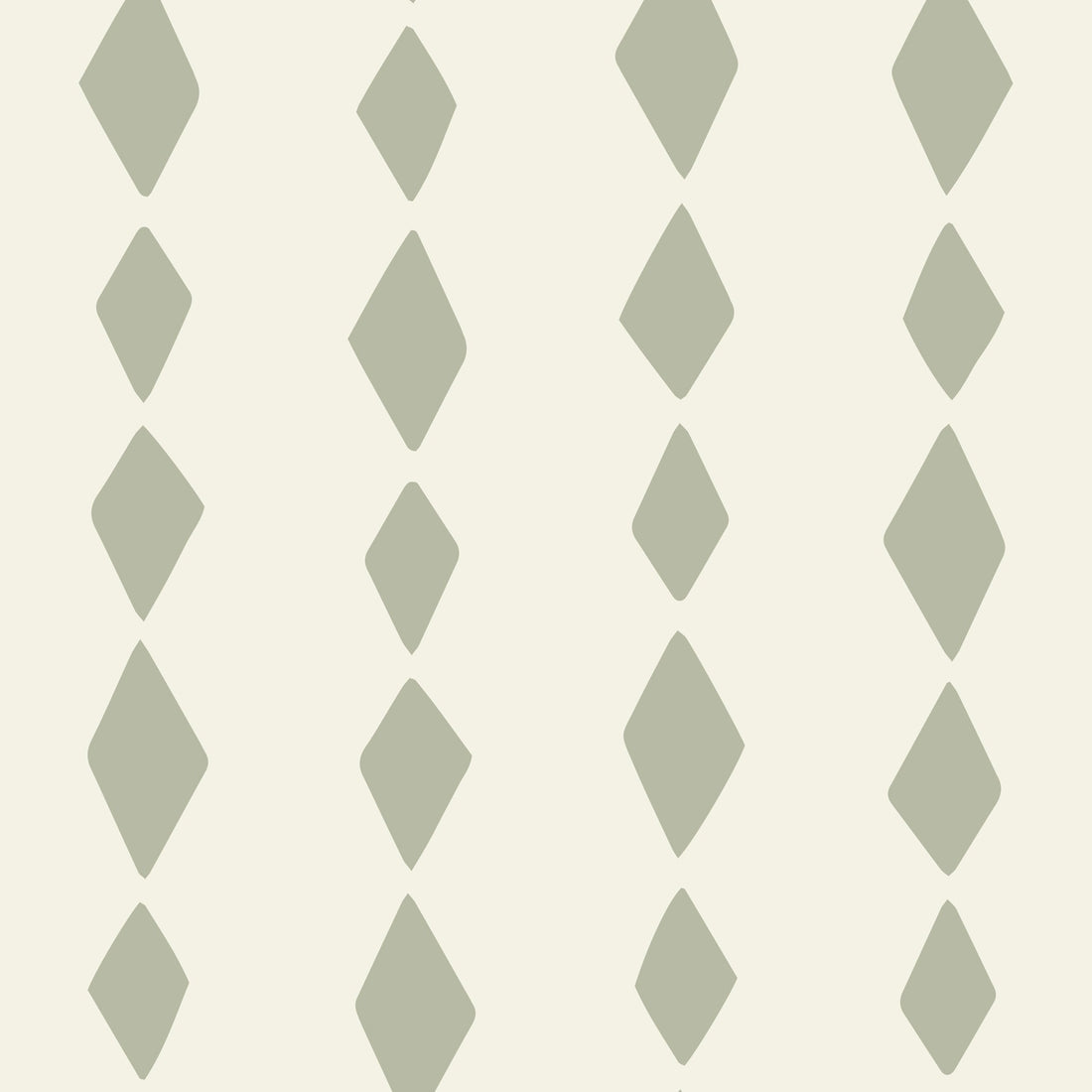 A pattern of five vertical rows of large sage green diamond shapes on a light beige background, each row with evenly spaced diamonds, evokes the playful charm of Jolly Jester Wallpaper, Sage Green.