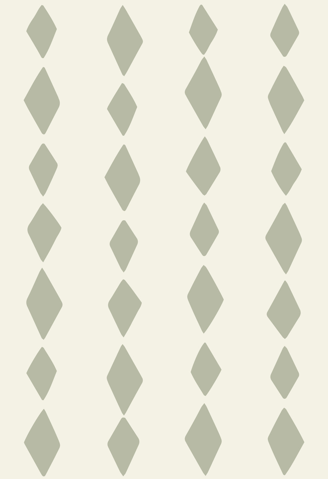 A pattern of sage green Harlequin diamond shapes arranged in five vertical columns on an off-white background, each column evenly spaced, brings subtle charm with the Jolly Jester Wallpaper Repeat Pattern | Sage Green.