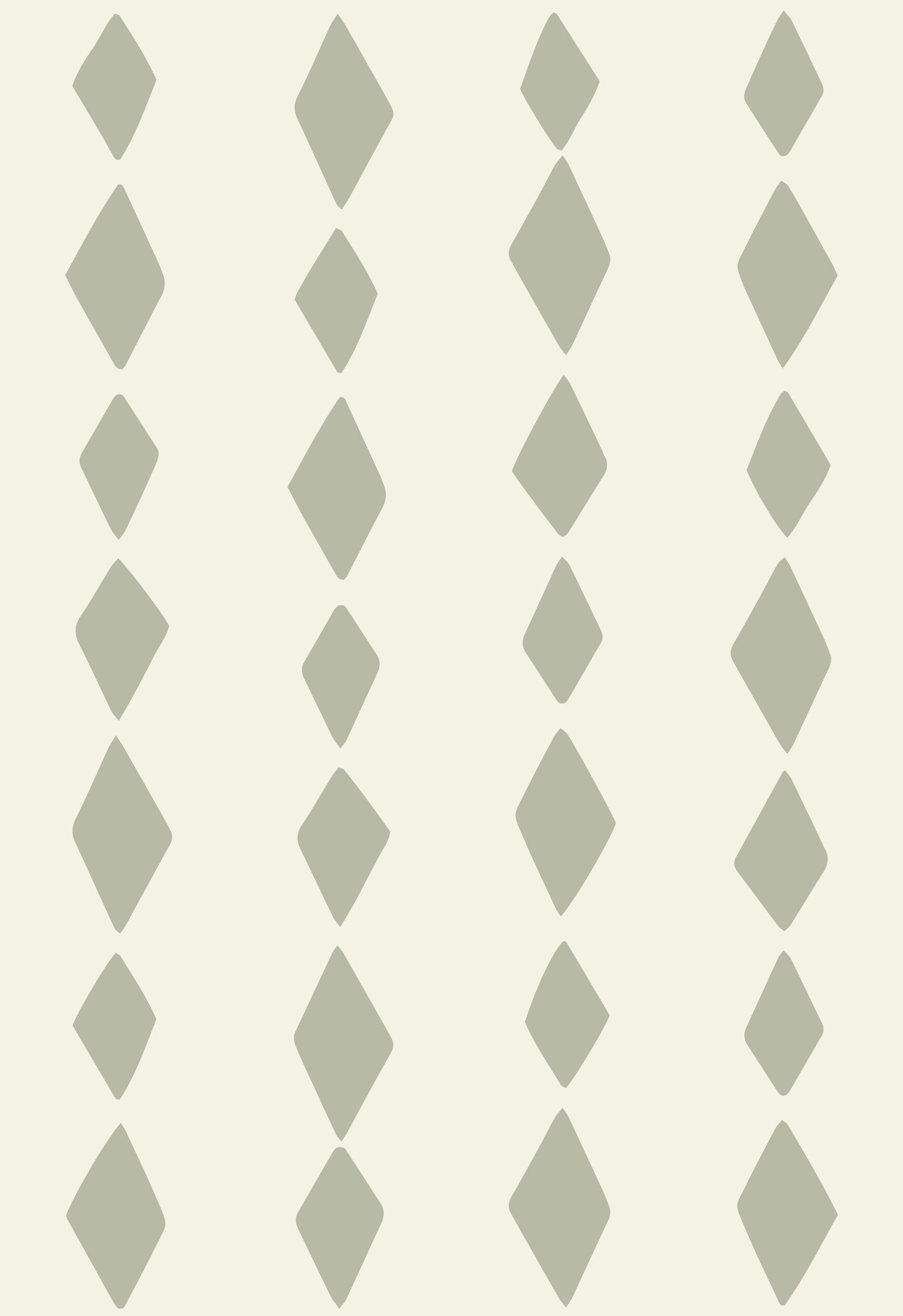 A pattern of sage green Harlequin diamond shapes arranged in five vertical columns on an off-white background, each column evenly spaced, brings subtle charm with the Jolly Jester Wallpaper Repeat Pattern | Sage Green.