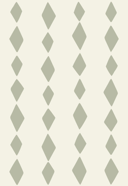 A pattern of sage green Harlequin diamond shapes arranged in five vertical columns on an off-white background, each column evenly spaced, brings subtle charm with the Jolly Jester Wallpaper Repeat Pattern | Sage Green.