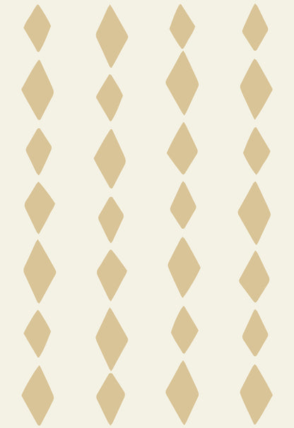 The Jolly Jester Wallpaper Repeat Pattern | Yellow features beige diamond shapes in vertical columns on a light cream background, with evenly spaced diamonds in varying sizes, evoking classic yellow harlequin wallpaper style.