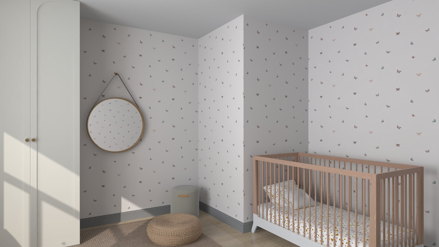 A minimalist nursery features a wooden crib against munks and mes Bibi Butterflies Wallpaper Repeat Pattern. A circular mirror reflects the serene space, enhanced by a soft round rug and natural light streaming through the window, creating a cozy haven.