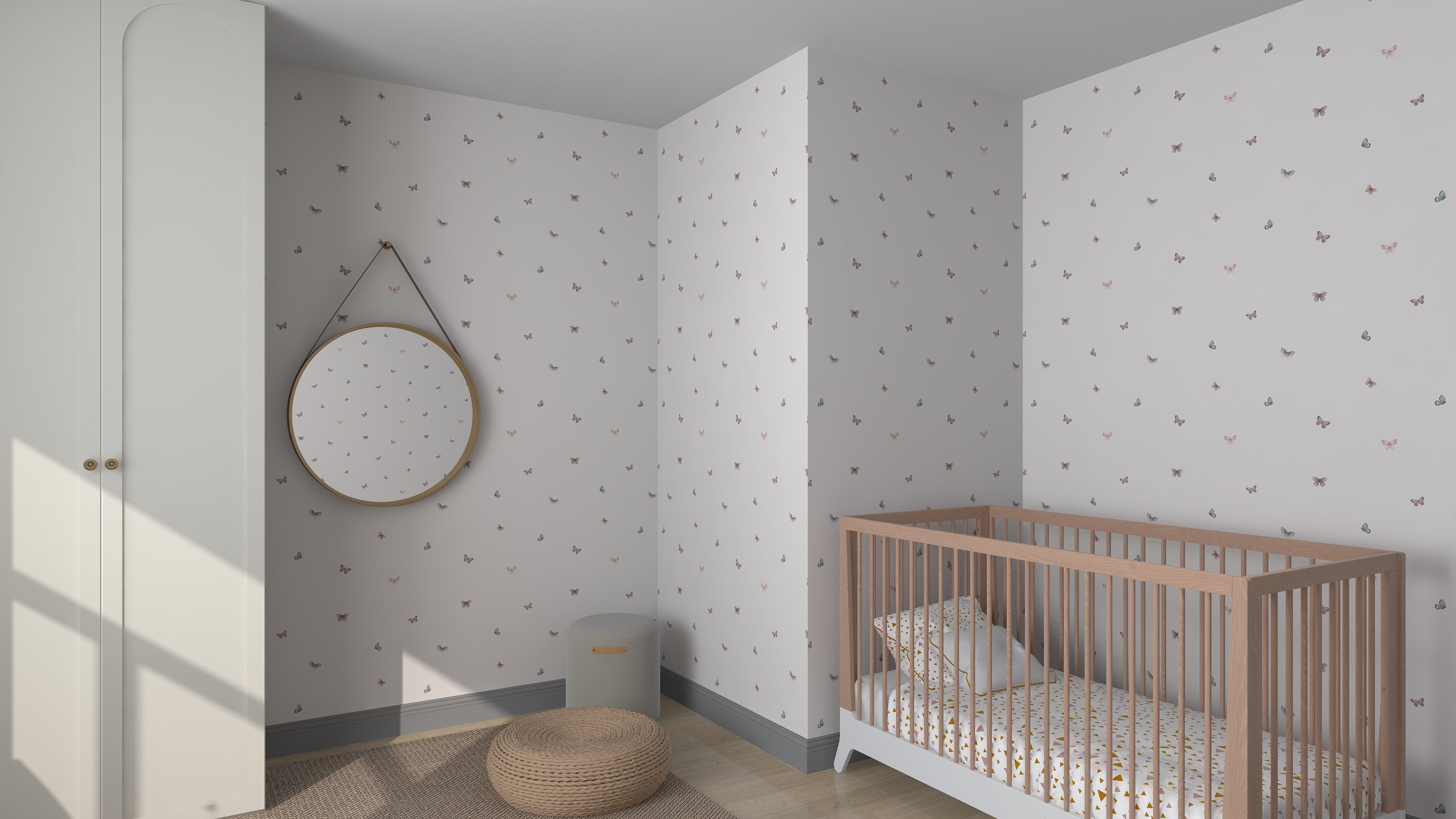 A minimalist nursery features a wooden crib against munks and mes Bibi Butterflies Wallpaper Repeat Pattern. A circular mirror reflects the serene space, enhanced by a soft round rug and natural light streaming through the window, creating a cozy haven.